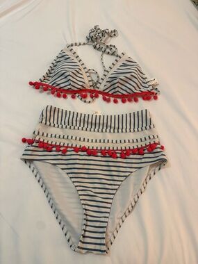 Striped High-Waist Bikini Set with Coral Pom Trim